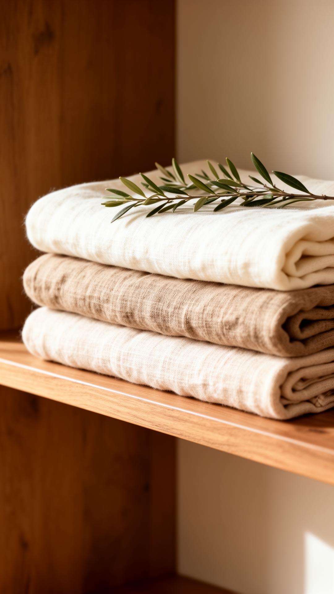 Neatly folded linen towels with a sprig of olive